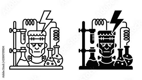 Obraz na plátně Mad Scientist's Creation: An illustration depicting a mad scientist's laboratory setup, complete with a lightning strike, test tubes, and flasks, focused on the iconic monster's head