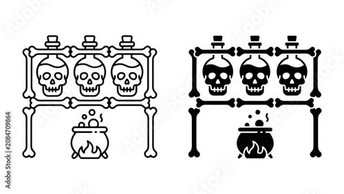 Schilderij op canvas Halloween Potion Stand: A spooky Halloween scene featuring a stand crafted from bones, holding three skull-shaped bottles filled with bubbling potions above a cauldron simmering over an open flame