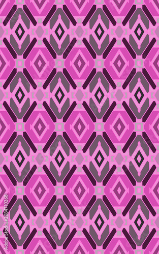 Bold Pink and Fuchsia Geometric Seamless Pattern with Dark Charcoal Tribal Diamond Ikat Ornaments for Modern Boho Fashion Textile and Activewear Design