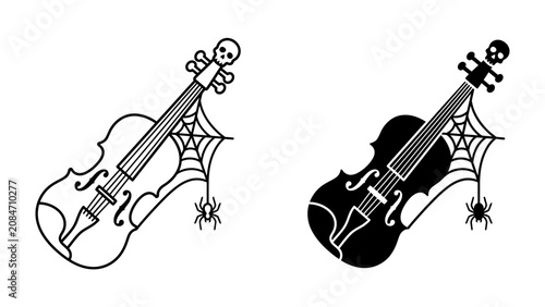 Foto Spooky Violin Duo: Two violins, one outlined and the other silhouetted, are draped in spiderwebs and a tiny spider, evoking a macabre yet artistic Halloween theme