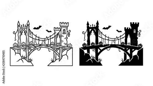 Schilderij op canvas Gothic Bridge Silhouette: A spooky silhouette of a gothic bridge with castle towers and flying bats evokes a sense of mystery and Halloween dread