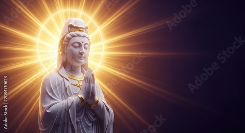A sacred sculpture in a prayerful pose, surrounded by radiant golden beams and ethereal glowing light symbolizing holiness and grace, belief, sunbeams, celestial