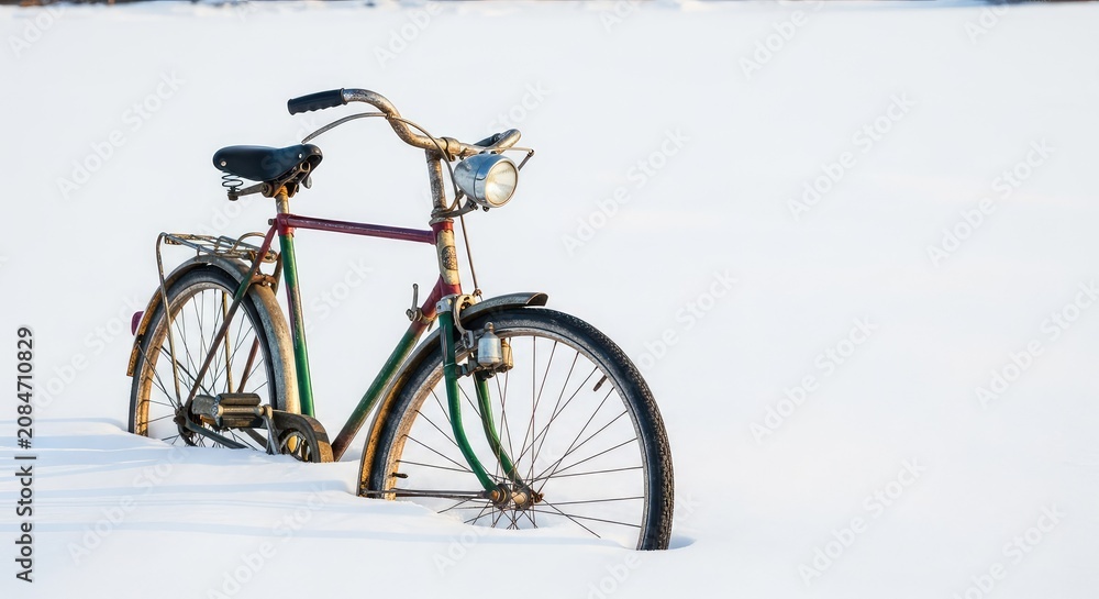 Fototapeta premium A solitary vintage bicycle sits partially submerged in deep drifts of white snow, evoking a sense of quiet stillness and forgotten memory, stillness, snow, antique