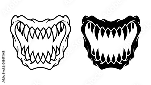 Konstfotografi Fierce Jaws: A terrifying depiction of monstrous jaws, one outlined and the other filled in, featuring rows of sharp, menacing teeth, perfect for designs conveying danger or power