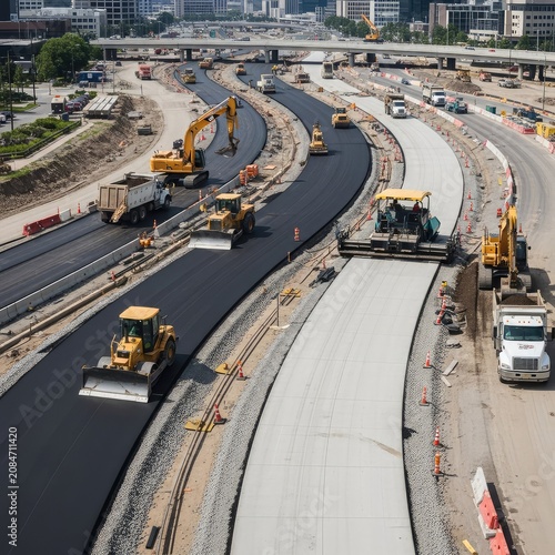 Aerial view of a large urban road construction site featuring heavy machinery, new pavement layers, and organized infrastructure planning, planning, progress, project
