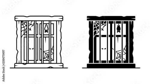 Quadro em tela Spooky Cage Illustration: A grim illustration of an abandoned cage, adorned with cobwebs and a lurking bat, symbolizing confinement and mystery