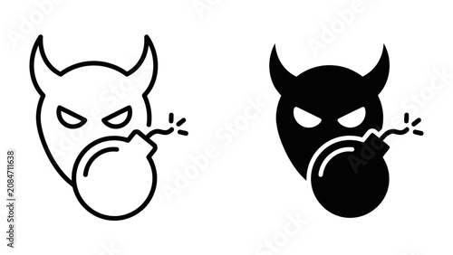 Billede på lærred Devil Bomb Icon: Two stylized icons depicting a devil's face with horns and an evil grin, paired with a round bomb with a lit fuse, symbolizing danger and destruction