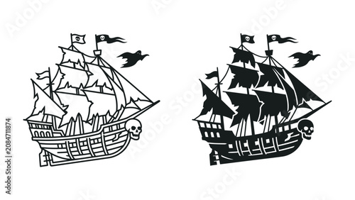 Tableau sur toile Pirate Ship Silhouette: A graphic representation of a menacing pirate ship with tattered sails and skull emblem, set against a contrasting backdrop