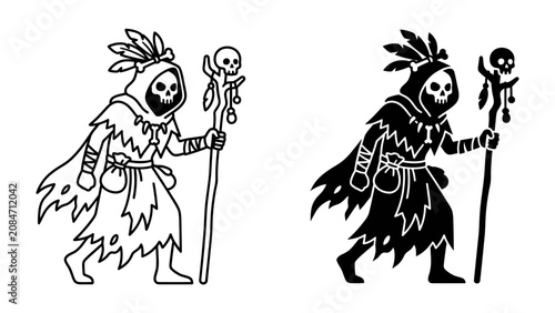 Tableau sur toile Shamanic Figure: A stylized shaman figure, adorned with feathers and carrying a staff with a skull, depicted in both outline and solid black illustration