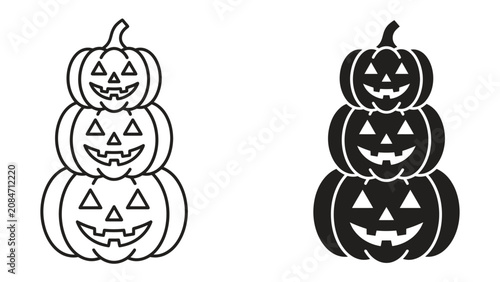 Fotografía Stacked Halloween Pumpkins: A trio of carved pumpkins, jack-o'-lanterns, are stacked vertically, one atop the other, on a white background