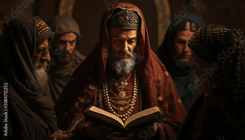 Elderly man with a beard reads an ancient holy book while a group of men watches him in the shadows.
