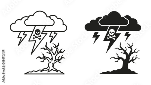 Obraz na plátne Storm Over Dead Tree Icon: Two minimalist icons depict a stark scene of a dead tree enduring a severe thunderstorm with lightning strikes and ominous clouds