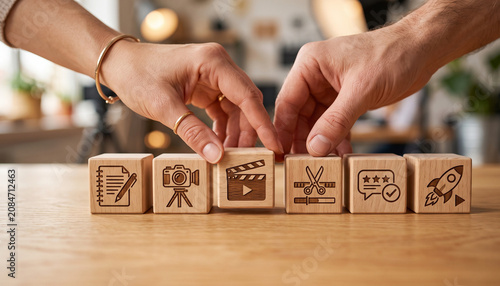 Creative hands placing wooden blocks with media production icons, representing steps in content creation.