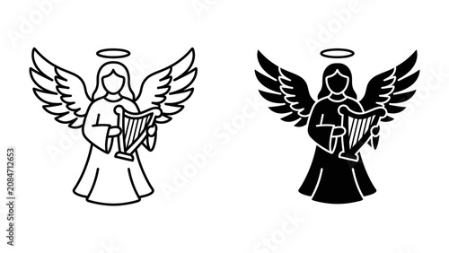 Tableau sur toile Celestial Serenade: Two stylized angels, one in outline and the other in silhouette, with outstretched wings and halos, play a harp, symbolizing peace and divinity