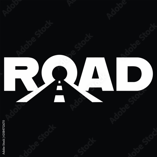Minimalist road word mark logotype design with tunnel and asphalt highway graphic element.