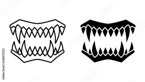 Obraz na płótnie Monster Jaw Icons: Two stylized monster jaws, one outlined in black and the other a solid black silhouette, reveal rows of sharp, menacing teeth