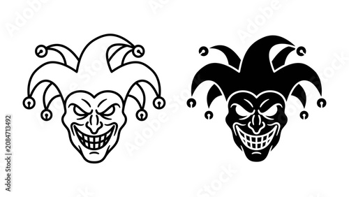 Fotografía Jester Face Icon: A stylized illustration of a jester's face, presented in both a clean line drawing and a solid black silhouette, with a mischievous grin and pointed hat