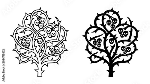 Foto Thorny Tree of Skulls: A stylized illustration depicts a gnarled, thorny tree adorned with macabre skulls, symbolizing danger and despair