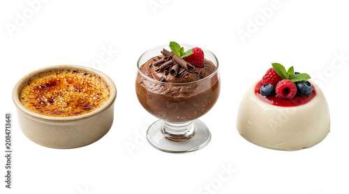A selection of delicious desserts on a white background for a restaurant menu isolated on a transparent background