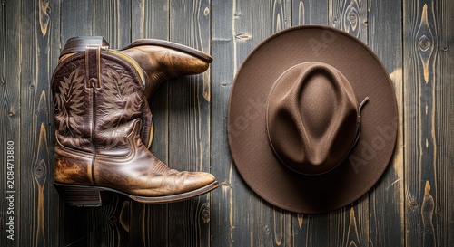 A rustic top view display of a felt cowboy hat and weathered leather boots arranged neatly on a textured surface of dark wooden planks, craft, fashion, rural