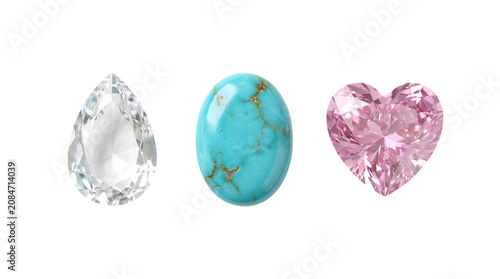 Three precious gemstones displayed on a white background for luxury business use isolated on a transparent background