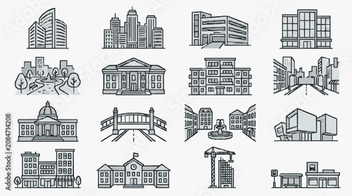 Foto Clean Minimalist Black and White Line Drawing Icons of Various Urban Buildings a
