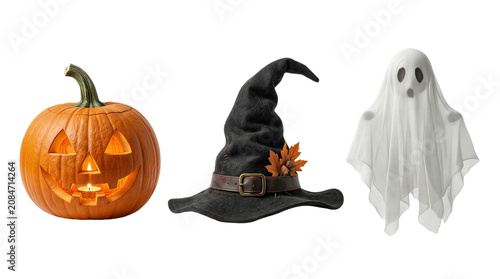 A festive Halloween display featuring a jack-o-lantern, witch hat, and ghost decoration isolated on a transparent background