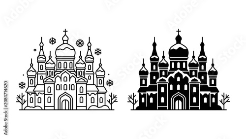 Bild auf Leinwand Orthodox Church in Winter: An illustration depicting an orthodox church adorned with snow and snowflakes, with bare trees flanking the snowy landscape