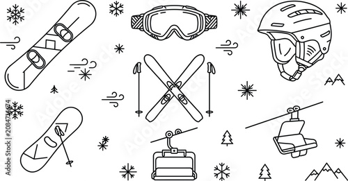 Fotografie Winter sports vector line art set with snowboard ski goggles helmet chairlift sn