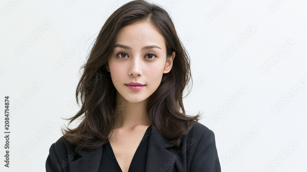 Fototapeta premium chinese businesswoman in business attire front view, confident chinese businesswoman isolated on white, professional chinese woman halfbody studio portrait