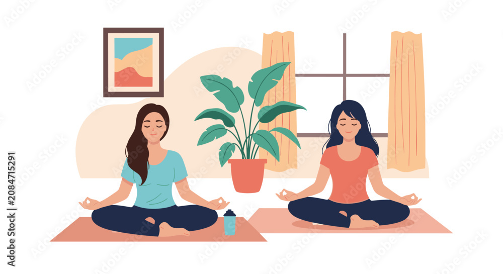 Obraz premium Two young women practicing yoga and meditation in a peaceful home environment with a plant and natural light from a window.