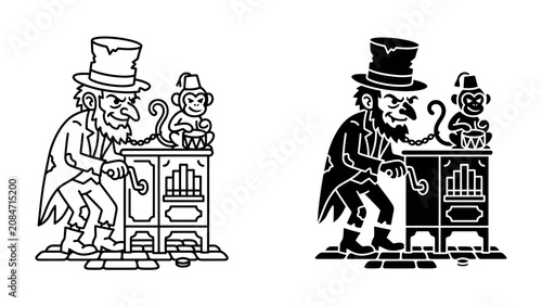 Canvas Print Organ Grinder and Monkey Duo: A whimsical illustration depicts a charismatic organ grinder in a top hat, his bearded face set in a grin