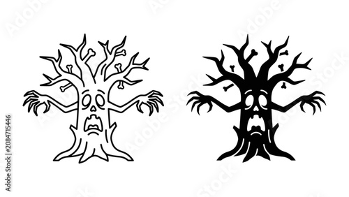 Bild auf Leinwand Haunted Tree Duo: A pair of spooky, cartoon-style trees with exaggerated frightened faces and gnarled branches, rendered in both outline and silhouette for versatile Halloween design
