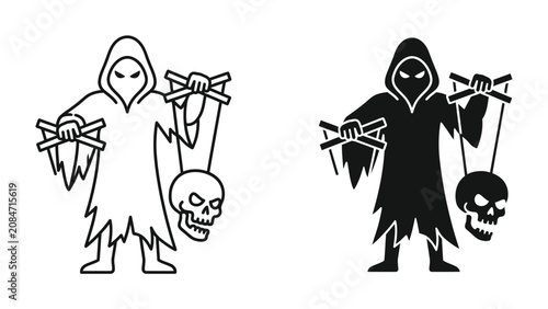 Valokuva Puppet Master of Souls: A stylized illustration depicts a grim figure in a hooded robe, manipulating a skull puppet, symbolizing control and the macabre
