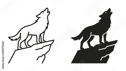 Schilderij op canvas Wolf Howling at Moon Icon: A stylized wolf stands on a rocky outcrop, its silhouette stark against a contrasting background, embodying primal energy and wild spirit