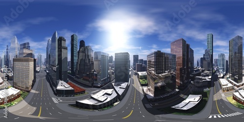 Panorama of the city. Environment map. HDRI map. equidistant projection. Spherical panorama.
3D rendering