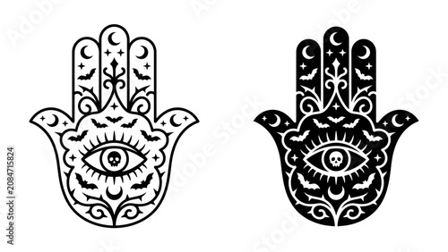 Foto Hamsa Hand Symbol: Two intricately designed Hamsa hands, one in black and white, feature a mystical all-seeing eye at the palm, surrounded by crescent moons and bats
