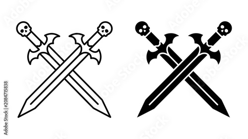 Fotografija Crossed Swords Emblem: A stark graphic features two crossed swords, each with a skull at the pommel, presented in both outline and solid black versions, symbolizing conflict or a formidable alliance