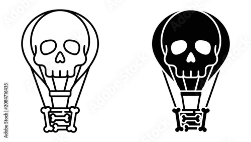 Canvastavla Skull Hot Air Balloon: Two hot air balloons designed with a skull motif, one in black and white outline and the other in solid black, ascend against an unseen sky