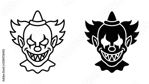 фотографія Creepy Clown Icons: A pair of unsettling clown faces, one in outline and one in silhouette, with menacing grins and wild hair, representing fear and carnival themes