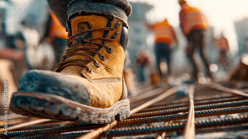 A dusty work boot stands on steel rebar against a blurred construction background, symbolizing labor and industrial development.