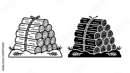 Canvastavla Stacked Firewood Illustration: Two distinct graphic representations show a neat stack of firewood, bundled with twine, resting on a bed of grass and pine needles, symbolizing industry and resources
