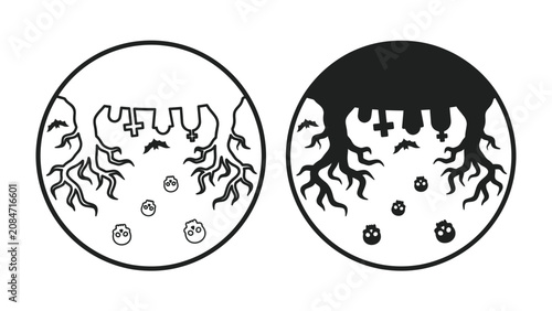 Fotografi Halloween Night Silhouette: A spooky silhouette illustration depicting iconic Halloween elements like bats, graves, spooky tree roots, and tiny skulls, set against a moonlit night sky