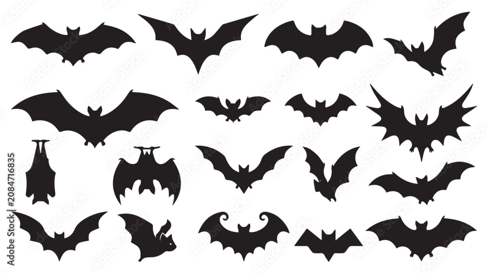 Fototapeta premium Set of black bat silhouettes in different flying and hanging positions Vector
