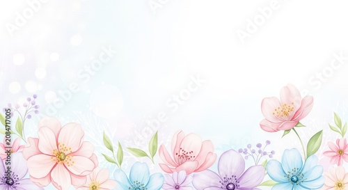 A dreamy abstract background featuring soft watercolor flowers in pastel tones with ethereal light effects and delicate artistic textures, ornamental, illustration, artistic