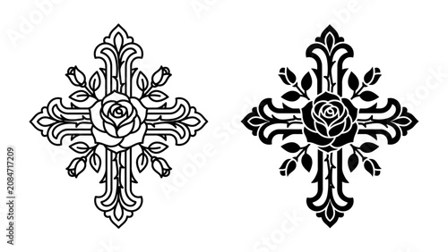 Canvas-taulu Rose Cross Emblem: Two ornate cross emblems, one in black and white and the other in silhouette, feature a central rose surrounded by decorative elements and thorny vines