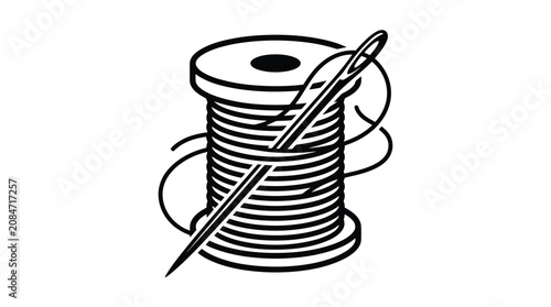 A simple black and white illustration of a spool of thread with a needle