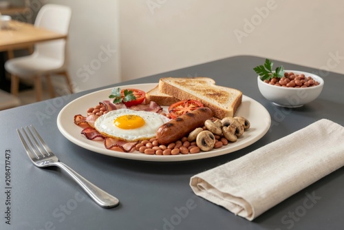 Full English Breakfast arranged on table, featuring eggs, bacon, sausage, beans, mushrooms, toast. Concept of modern dining, minimalist design, breakfast presentation.