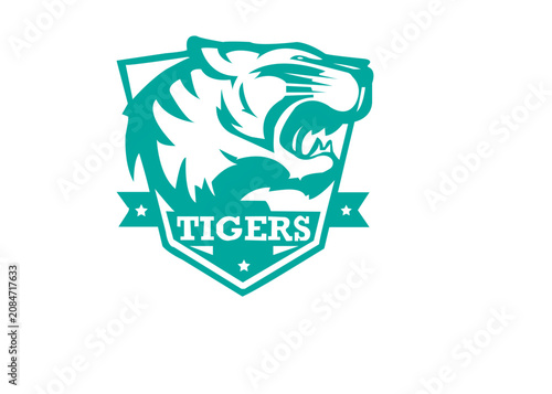 Photography Roaring tiger mascot logo on shield, teal wild cat sports emblem with tigers tex