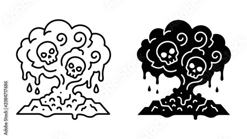 Foto Toxic Cloud with Skulls: A stylized representation of a toxic cloud or explosion, featuring skulls within the cloud and dripping liquid, symbolizing danger and pollution in a stark, graphic style